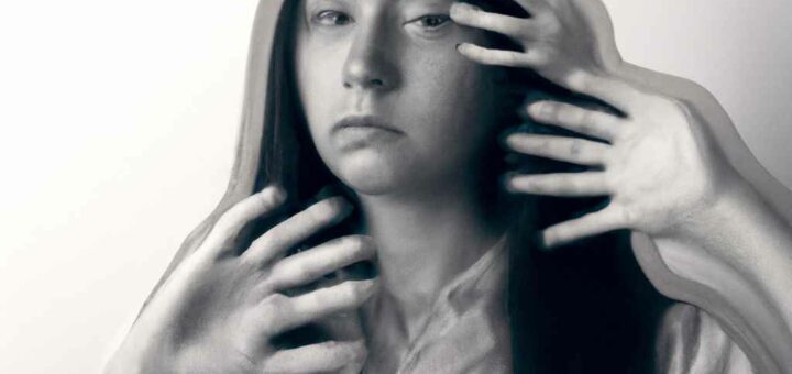 surreal portrait of a woman with three hands